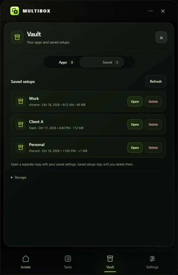Vault with saved profiles, their dates and sizes