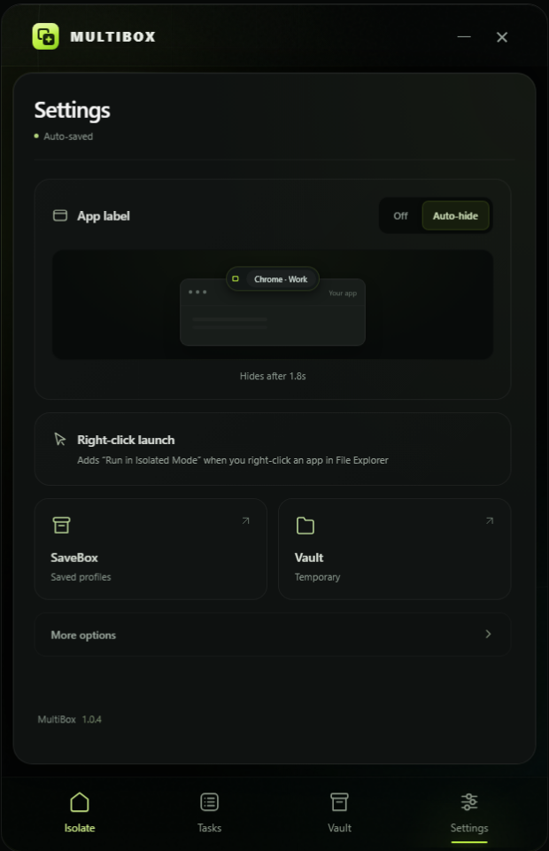 Settings panel