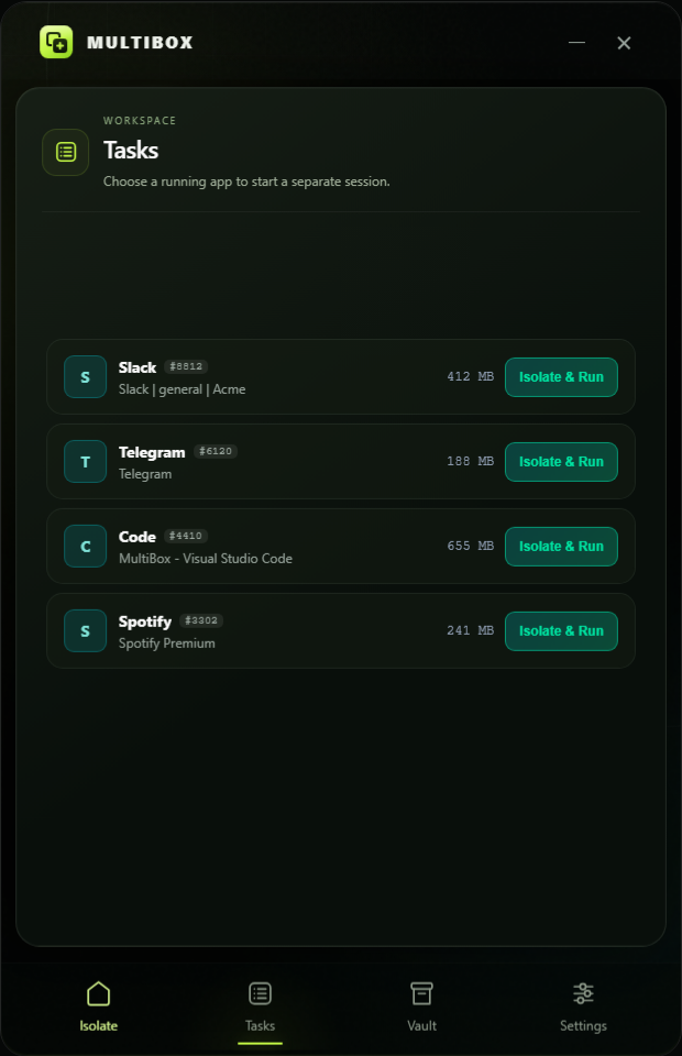 Tasks panel with running programs
